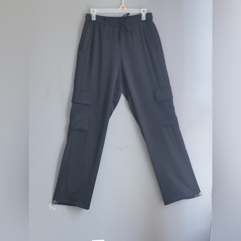 Zara Black Satin Effect Straight Leg Soft Cargo Pants Sz S Matrix Hiphop Utility